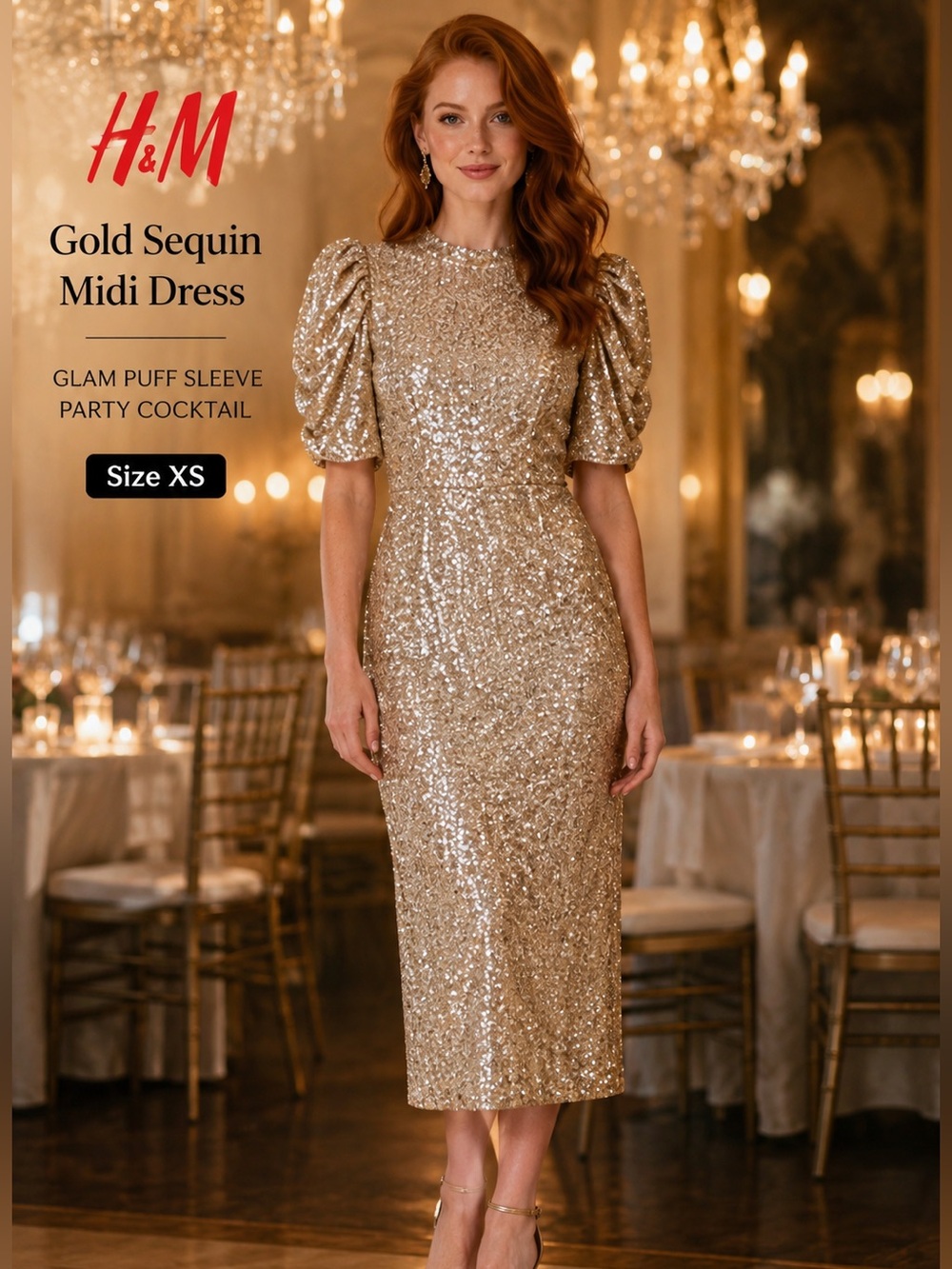 H&M Gold Sequin Midi Dress XS Puff Sleeve Cocktail Party Wedding Guest Glam